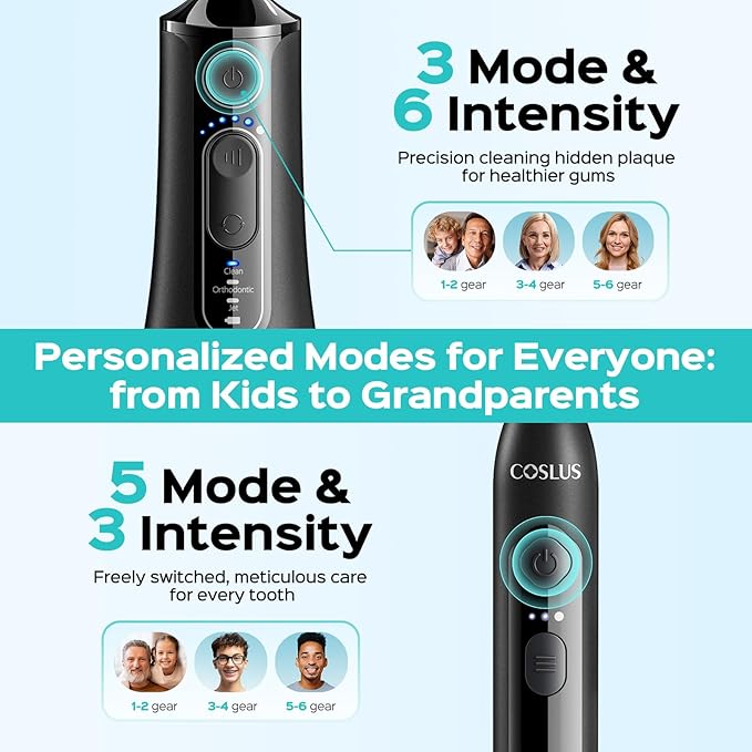 COSLUS Electric Toothbrush with Water Flosser Combo: Portable Oral Clean Kit for Teeth Brushing & Flossing, Multiple Modes for Multiple Users, Cordless for Home & Travel Use, Black, C51C30