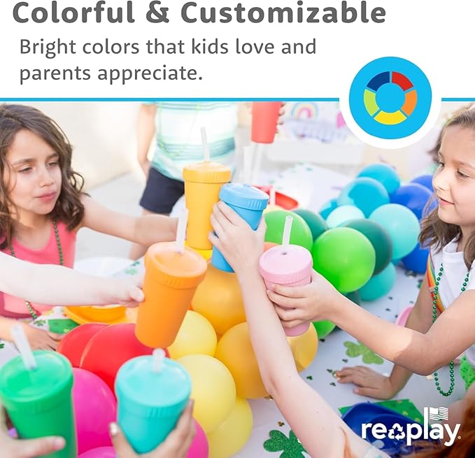 Re-Play 10 oz. Straw Cups for Kids with Silicone Locking Straws - Dishwasher & Microwave Safe - Made in USA - Set of 4-7.37" x 7.37" x 1.25" - Meadow