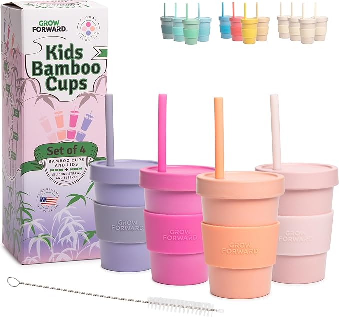 Grow Forward Bamboo Kids Cups with Lids and Straws - 10oz Drinking Cups for Kids with Childproof Twist Lids & Silicone Straws - Eco Friendly, BPA Free, Non Toxic & Dishwasher Safe - Floral