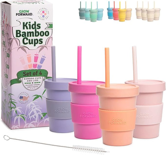 Grow Forward Bamboo Kids Cups with Lids and Straws - 10oz Drinking Cups for Kids with Childproof Twist Lids & Silicone Straws - Eco Friendly, BPA Free, Non Toxic & Dishwasher Safe - Floral