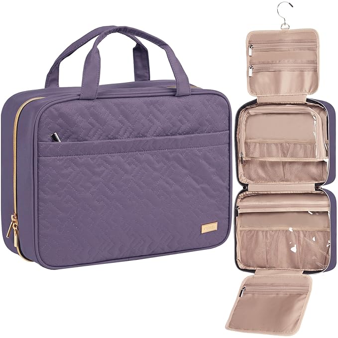 NISHEL Travel Toiletry Bag for women, Portable Hanging Organizer for Family-Sized Shampoo, Conditioner, Brushes Set, Makeup Accessories, Extra Large Size, Purple