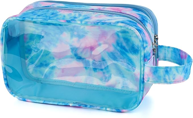 Kids Toiletry Bag for Girls, Travel Clear Toiletry Bag for Little Young Girls Cosmetic Bag Makeup Bag Waterproof Hanging Toddler Wash Bag, Blue Tie Dye