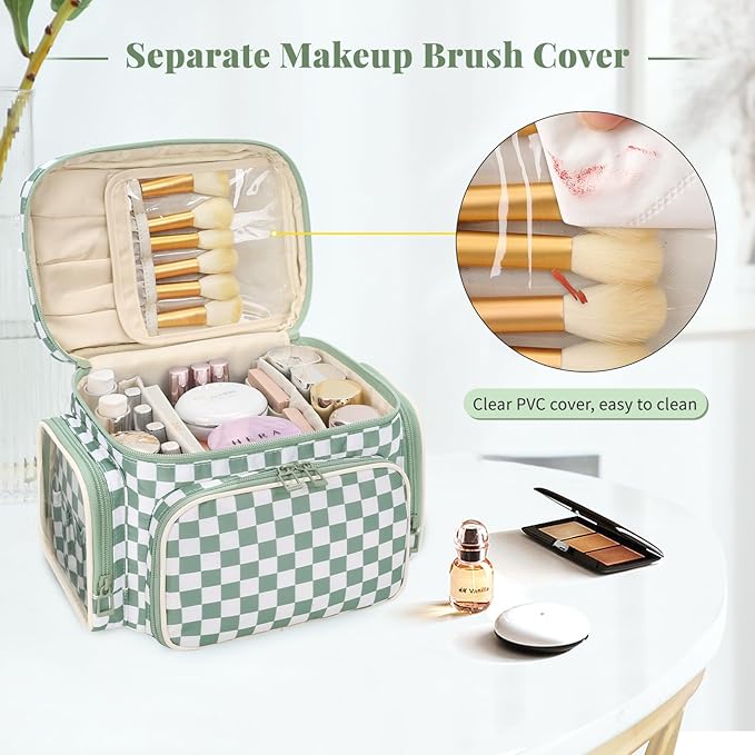 Large Checkered Makeup Bag, Portable Travel Makeup Bag Organizer for Women Girls with Makeup Brush Compartment & Two Side Pockets, Cosmetic Travel Bag Vertical Storage Toiletry Bag- Green1