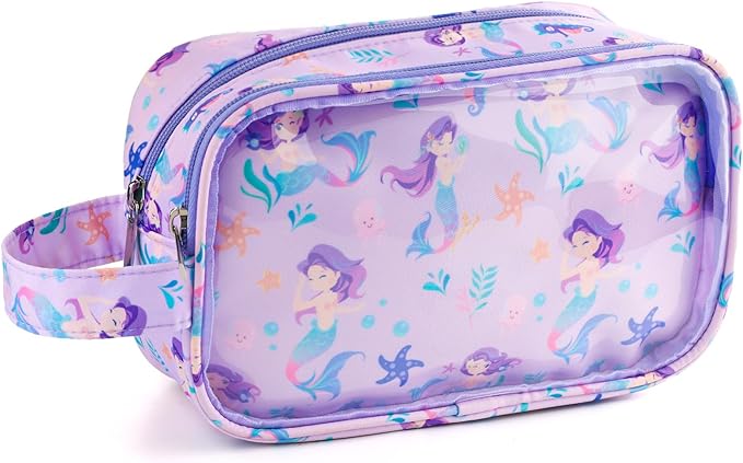 Kids Toiletry Bag for Girls, Travel Clear Toiletry Bag for Little Young Girls Cosmetic Bag Makeup Bag Waterproof Hanging Toddler Wash Bag, Purple Mermaid
