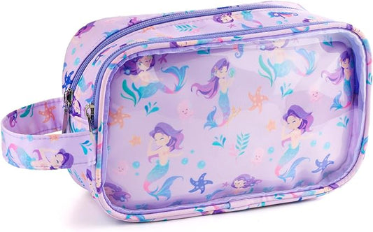 Kids Toiletry Bag for Girls, Travel Clear Toiletry Bag for Little Young Girls Cosmetic Bag Makeup Bag Waterproof Hanging Toddler Wash Bag, Purple Mermaid