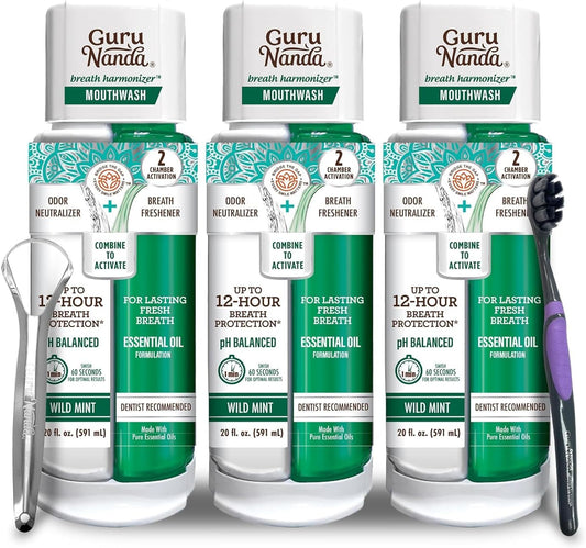 GuruNanda Dual Barrel Breath Harmonizer Mouthwash - Freshens Breath - Alcohol & Fluoride Free with Sodium Chlorite & Essential Oils - Wild Mint Flavor, 3 Pack