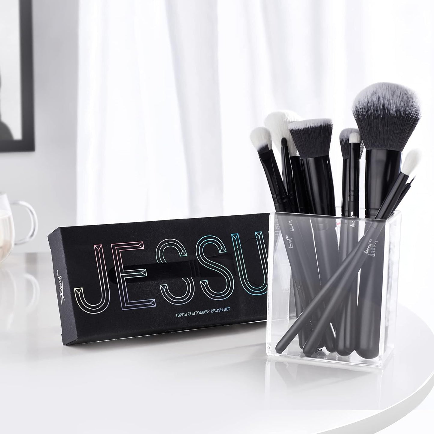 Jessup Makeup Brush Set 10pcs Black Make up Brushes Set Professional with Natural Synthetic Hair for Foundation Blending Blush Concealer Eyeshadow Eyebrow Eyeliner, T323