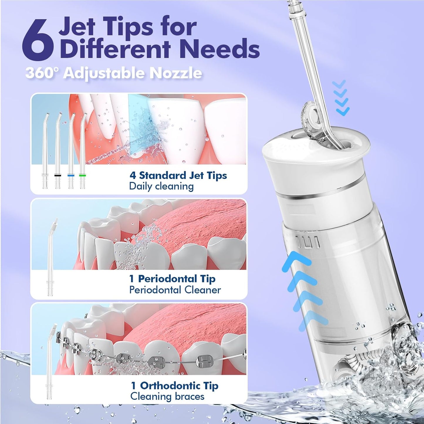 Water Flosser Mini Cordless Portable: 5 Modes Water Dental Floss with Telescopic Water Tank, 6 Tips, IPX7 Waterproof Oral Irrigator for Teeth Cleaning Gums,Orthodontic,Braces Dental Care (White)