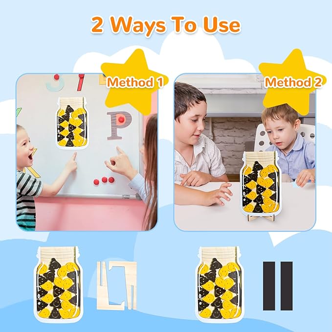 Reward Jar for Kids – Magnetic Wooden Behavior Chart and Incentive Jar with 25 Tokens, Stickers, Stand & Magnet – Positive Reinforcement Tool for Home, Toddlers or Classroom (Drop & Plop)