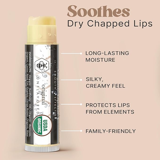 USDA Organic Lip Balm - USA Made with Natural Ingredients, Mens Stocking Stuffers, 4 Pack Unflavored Chapstick for Dry Lips, Beauty Birthday Gifts for Her & Him, Lip Moisturizer, Gift Ideas
