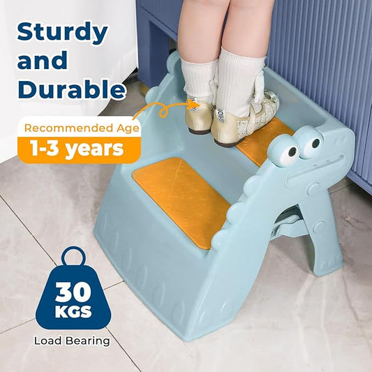 Onasti Toddler Step Stool Foldable Kids Step Stool,Bathroom Stool for Toddlers Non-Slip Toddler Step Stool for Bathroom Sink and Kitchen Counter with Cute Dinosaur Design(Blue)