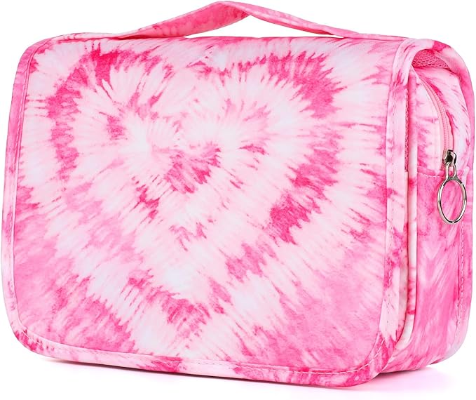 Kids Hanging Toiletry Bag for Girls, Travel Toiletry Bag for Teen Girls Cosmetic Makeup Waterproof Wash Bag Traveling Toiletries, Tie Dye Pink Heart