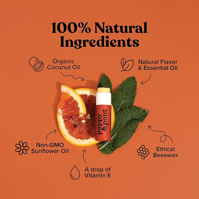 Poppy & Pout Blood Orange Mint Jumbo Lip Balm | All Natural Lip Balms & Moisturizers | Hydrates with Beeswax, Vitamin E, Organic Coconut Oil | Cruelty-Free | Lip Balm in Recyclable Cardboard Tube