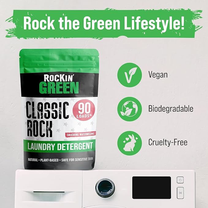 Rockin' Green Classic Rock Laundry Detergent (90 Loads), Plant based, All Natural Laundry Detergent Powder, Vegan and Biodegradable Odor Fighter, Safe for Sensitive Skin, 45 oz (Smashing Watermelons)