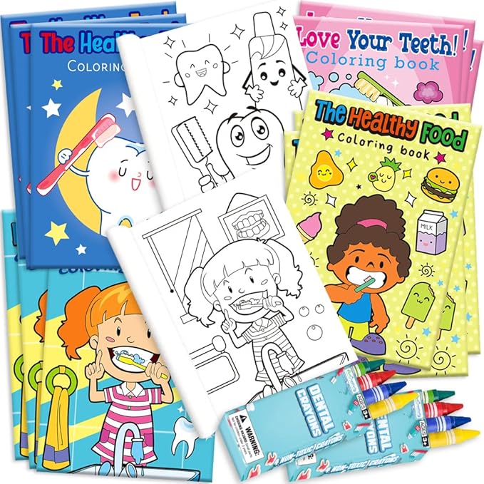ArtCreativity Dental Coloring Book Kit for Kids - Includes 12 Mini Coloring Books and 12 Boxes of 4 Crayons Each - Fun Birthday Party Favors, Party Supplies, Great Gift Idea for Boys & Girls.