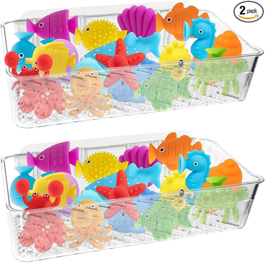 2 Pack Bath Toy Storage Holder Bathtub Toy Organizer, Clear Bath Organizer Wall Mounted, Quick-Dry Bathtub Storage with Drain Holes, Easy Install and Clean Shower Caddy for Bathroom