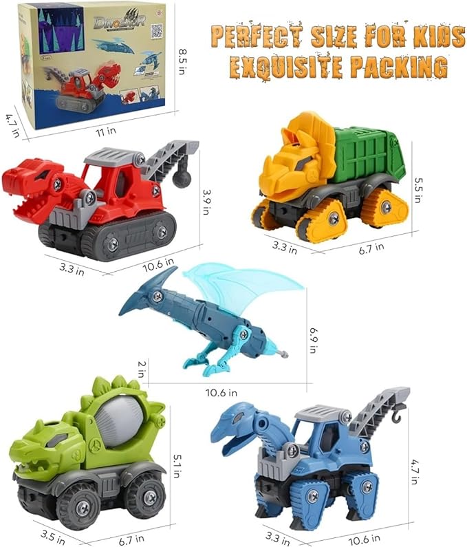 5 Pack Take Apart Dinosaur Toys with Electric Drill – STEM Construction Building Set for Boys Ages 3–8, Educational DIY Dino Kit for Kids – Popular for Grandkids & Toddlers