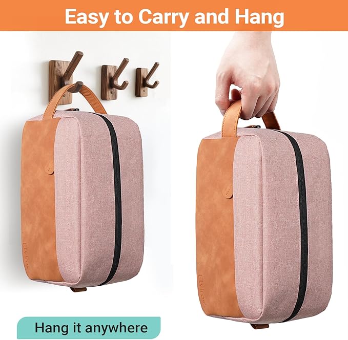 Elviros Travel Toiletry Bag for Men, Hanging Toiletries Bag Water Repellent Dopp Kit PU Leather Travel Bag for Toiletries Accessories, Pink