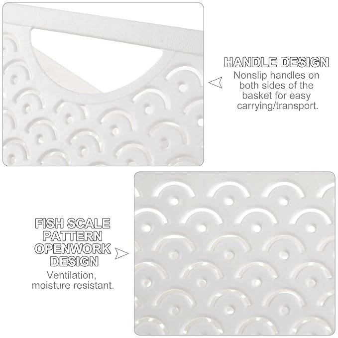 STARVAST 5 Pack Plastic Storage Baskets, Portable White Fish Scale Pattern Hollow Desktop Storage Bin Box with Handle for Kitchen, Bathroom, Kids Room or Nursery Storage – 9.4 x 7.1 x 4.1 inches