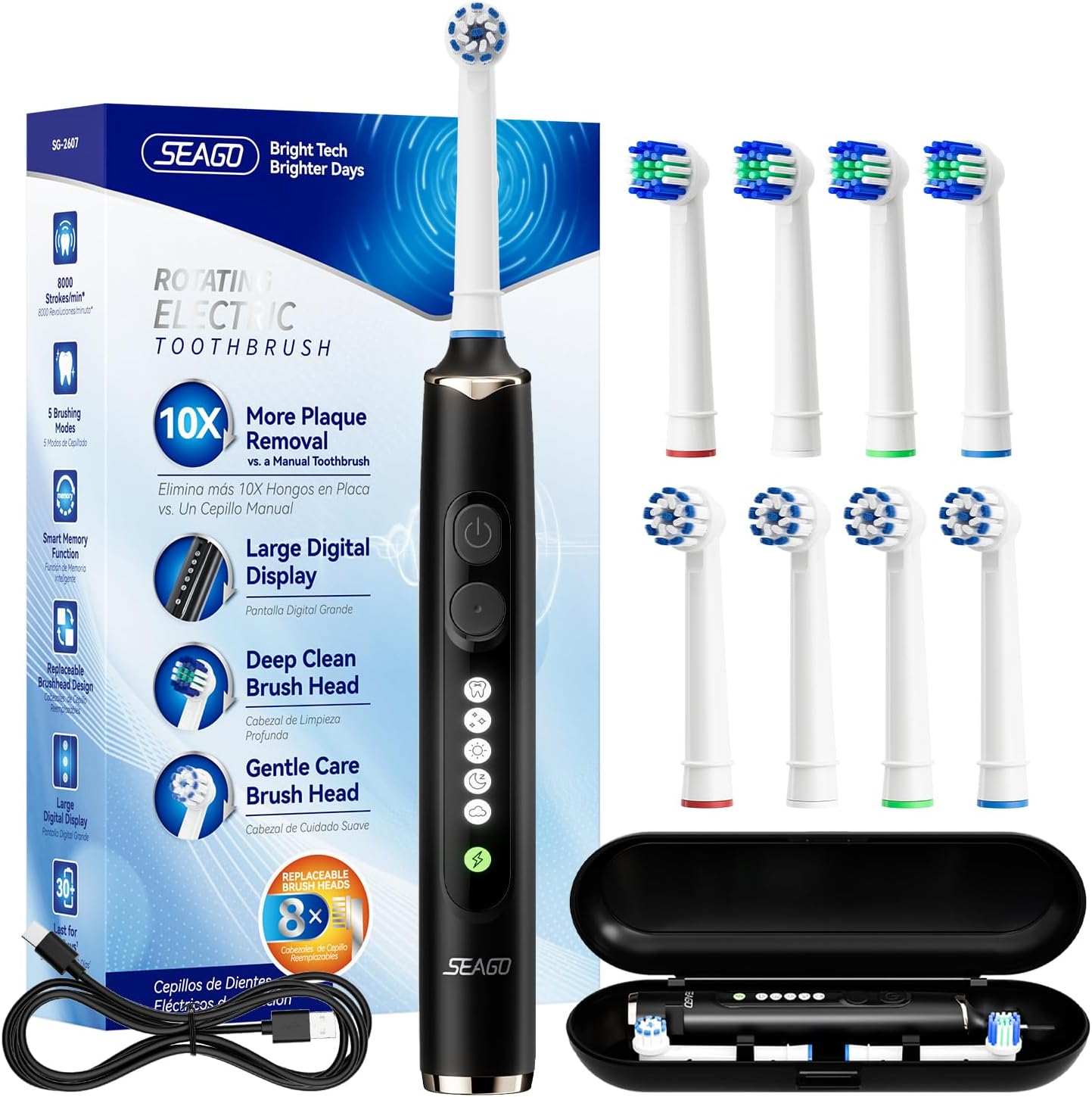 SEAGO Soft Round Electric Toothbrushes with 8 Spin Brush Heads, 5 Cleaning Modes, Rechargeable Sonic Toothbrush with Timer and Travel Case for Adults and Kids(SG-2607-Black