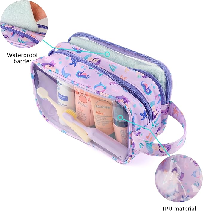 Kids Toiletry Bag for Girls, Travel Clear Toiletry Bag for Little Young Girls Cosmetic Bag Makeup Bag Waterproof Hanging Toddler Wash Bag, Purple Mermaid