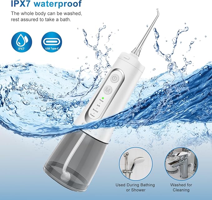 Cordless Water Dental Flosser oral irrigator,JNGOODS 300ml Rechargeable water flosser for teeth IPX7 Waterproof 4 Modes portable Oral Irrigator with 4 jet tips, Travel Home use (White)