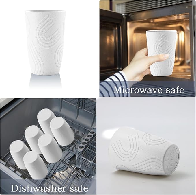Wrova Wheat Straw Water Cups 16oz with Etched Pattern - Alternative Plastic Drinking Glasses Set of 6 - Unbreakable Tumbler Reusable Water Cups for Kids - White