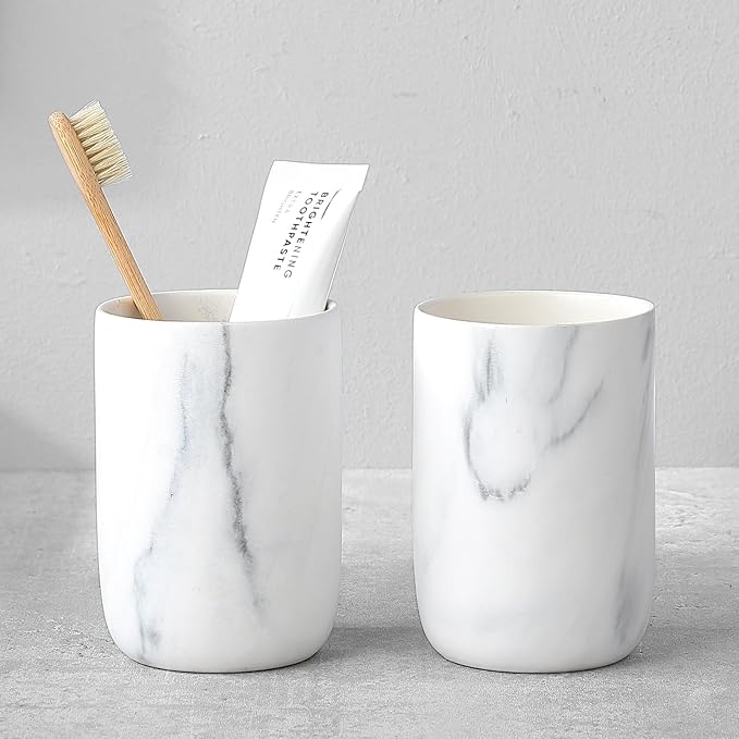 Marble Toothbrush Holders - 2 Ceramic Toothbrush Holders for Bathrooms Toothbrush Toothpaste Holders Set, White Bathroom Tumbler Cups Reusable Toothbrush Mouthwash Cup, Bathroom Counter Organizer.