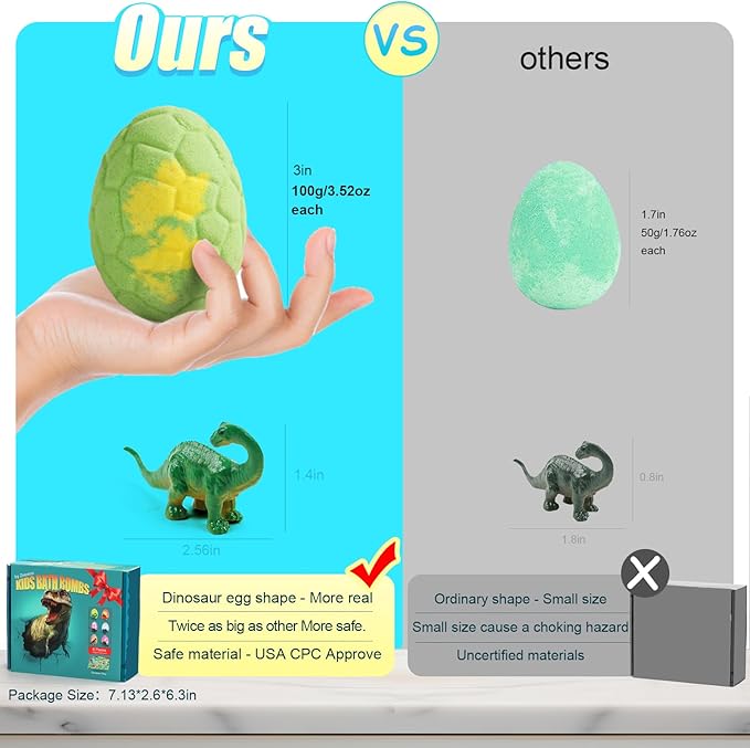 Bath Bombs for Kids with Surprise Inside, 6 Pack Dinosaur Toys Toddler Bath Bombs Gift, Organic Bubble Bath Fizzies, Dinosaur Egg, Stocking Stuffers for Kids, Christmas Gifts for Kid 3-12