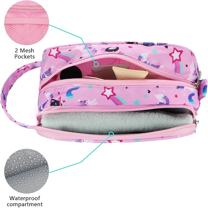 Kids Toiletry Bag for Girls, Travel Toiletry Bag for Little Young Girls Cosmetic Bag Makeup Bag Waterproof Hanging Wash Bag Toddler Toiletries, Cat Pink