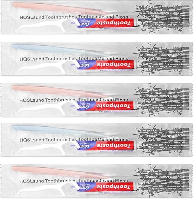 500pcs Disposable Toothbrushes with Toothpaste Floss Individually Wrapped, 2 Color Disposable Toothbrush,10g Toothpaste,Floss Pick,Bulk Toothbrush Kit for Homeless,Airbnb,Hotel