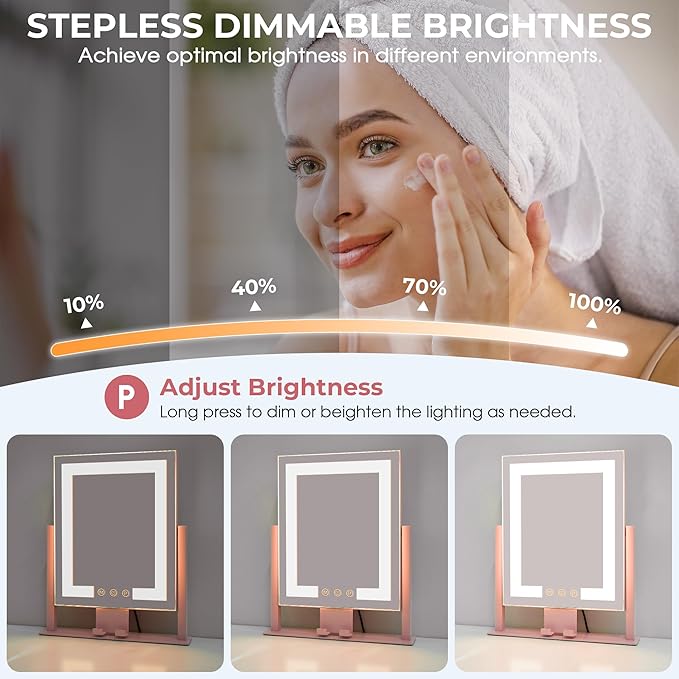 Kottova Vanity Mirror with Lights, Lighted Makeup Mirror, Smart Touch Control, Dimmable 3-Color Lights, Lighted Mirror with Detachable 10X Zoom Mirror, 360° Rotation, Metal Frame（Pink）