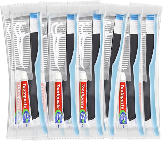 50 Sets Disposable Toothbrushes with Toothpaste Floss Comb Individually Wrapped, Disposable Toothbrush Bulk, 10g Toothpaste,Dental Floss,6in Comb Bulk Toothbrush Kit for Homeless,Airbnb,Hotel