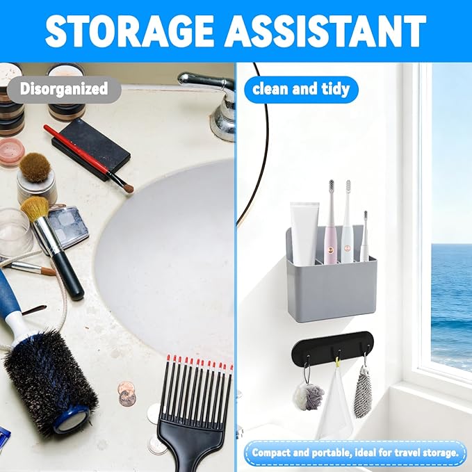 Magnetic Toothbrush Holder with Hook Rack for Cruise Ships, Grey Wall Mounted Detachable Grid Toothbrush Organizer with Magnetic Hooks, Cruise Bathroom Essentials Travel Accessories