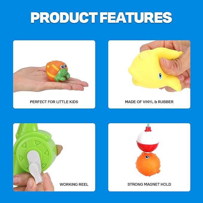 Magnetic Toddler Bath Toys - Kids Fishing Pool Game Set of 2 Fishing Poles, 8 Rubber Sea Animals, & Net - Water Toys with Mesh Organizer Bag