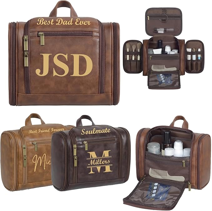 Personalized Toiletry Bag For Men, Large Capacity Travel Doop Kit, Vintage Color PU Leather, Custom Name Initials, Gifts for Dad, Husband, Boyfriend, Groomsmen, Birthday (Style 4)