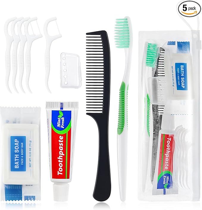 5 Set Personal Care Travel Toiletries Sets Bulk,7-in-1 Disposable Toothbrushes with Toothpaste and Floss,Comb,Soap,Cover,Zip Bag Toiletry Travel Toothbrush Kit for Homeless,Hotel,Charity