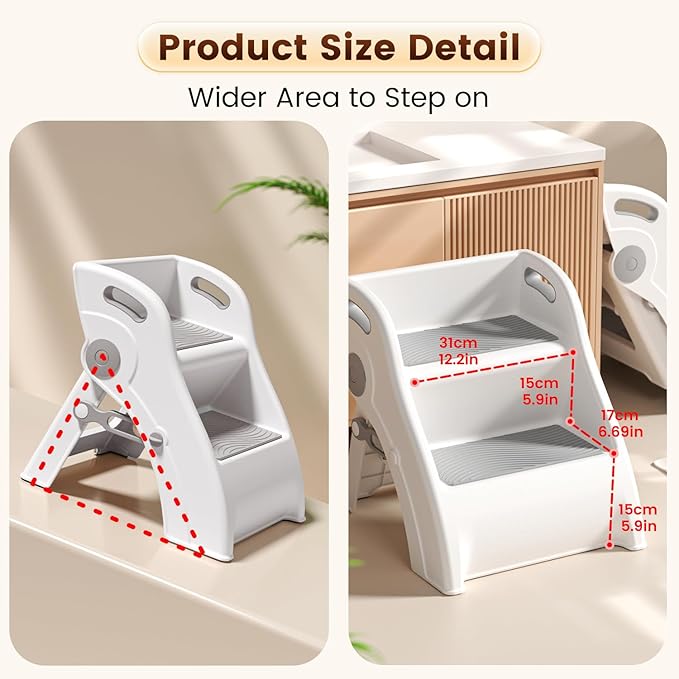 Step Stool for Toddlers – Foldable Toddler Step Stool for Bathroom Sink, 100lbs Load Bearing Non-Slip Kids Stool with Handles and Anti-Tip Design - Potty Training Stool for Ages 2+ (1.Grey)