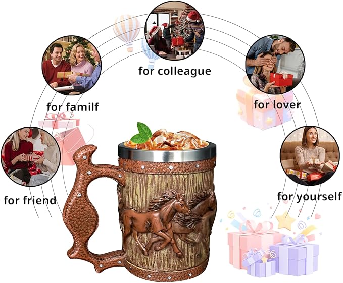 Wooden Barrel Beer Mug, 20oz Stainless Steel Horse Mug Coffee Cup Horses Gifts for Women Men Gift for Birthday Christmas, Gothic Decor Party Decoration Drinkware Gift