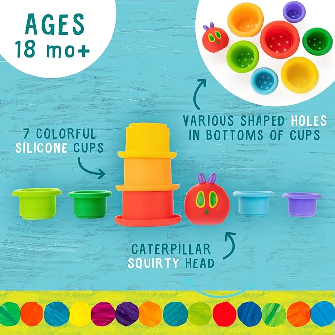 Kids Preferred World of Eric Carle The Very Hungry Caterpillar Bath Time Stacking Cup Set with Caterpillar Head Squirty Perfect for Water Play Ages 18 Months and Up