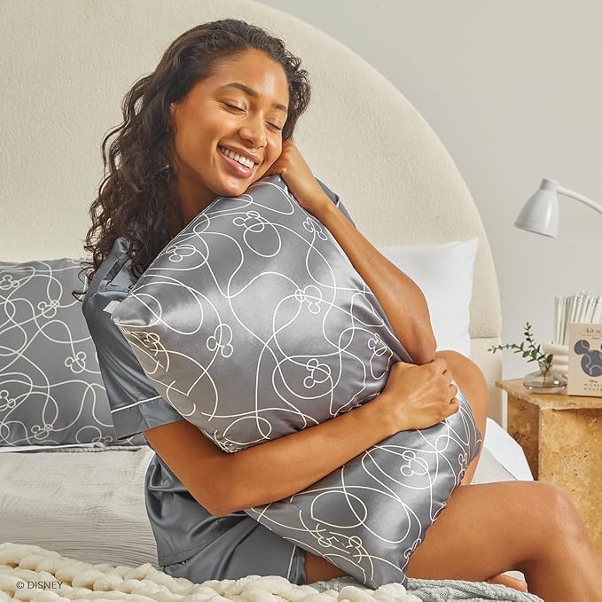 Kitsch & Disney Mickey Mouse Satin Pillowcase with Zipper Softer Than Silk, Cooling Pillow Case for Hair & Skin, Wrinkle Free, Machine Washable, King Size (19x36)