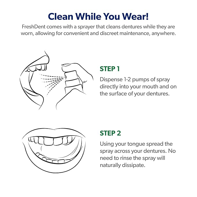 EverSmile FreshDent Denture and Partial Denture Cleaner + Teeth Whitening Spray – Travel Size Alternative to Cleaning Tablets That Eliminates Bacteria and Fights Bad Breath – 50ml + 10ml Pack