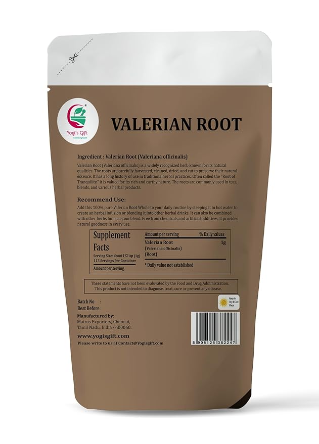 Valerian Root Whole 4oz, 100% Natural & Pure, for Tea & Herbal Blends, Naturally Strong Aroma, Resealable Bag for Freshness - By Yogi’s Gift®