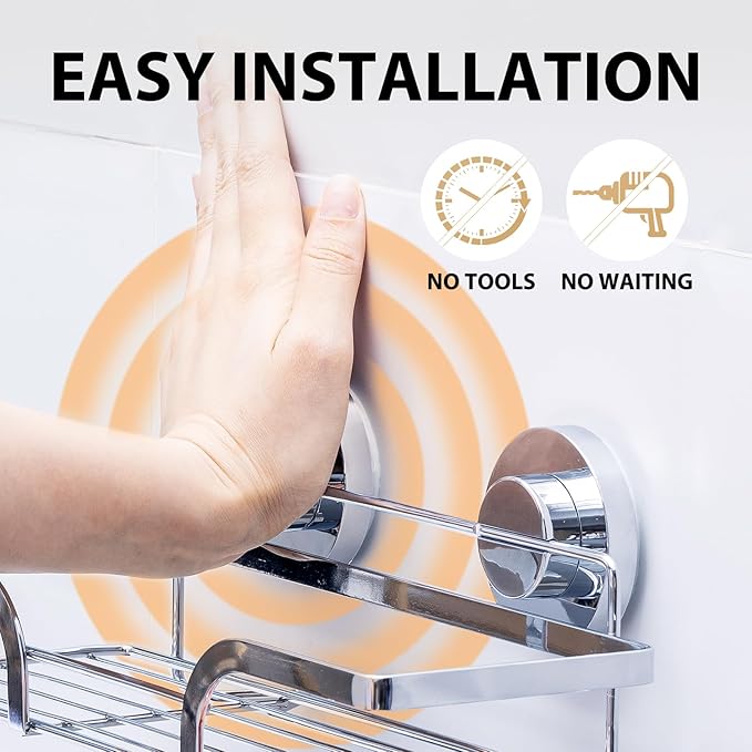 LEVERLOC Shower Caddy Suction Cup 2 Pack, Shower Shelf for Inside, Large Capacity Bathroom Organizers and Storage, Rustproof & Waterproof Metal Bath Basket, No-Drilling, Heavy Duty, Silver