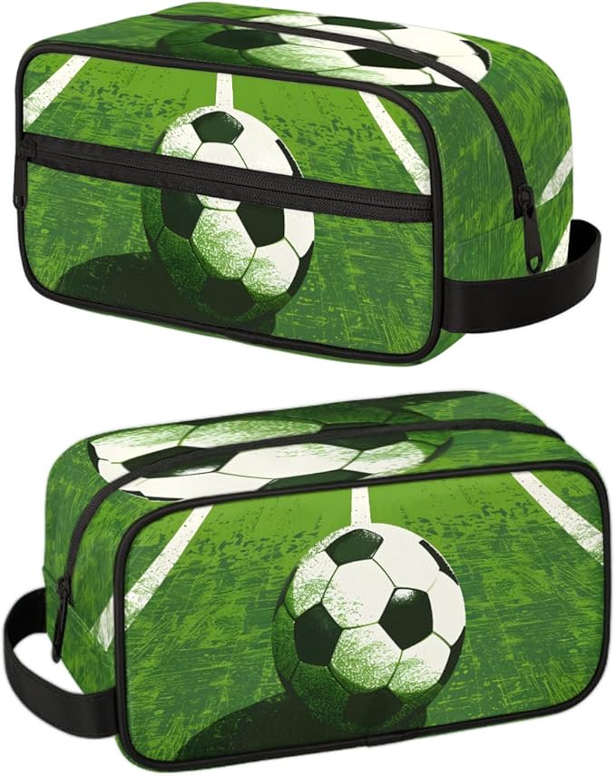 Green Grass Field Soccer Boys Travel Toiletry Bag Waterproof Wash Bag Shower Shaving Bag Cosmetic Organizer Makeup Bag Portable Toiletries Accessories for Women Men Sport Ball