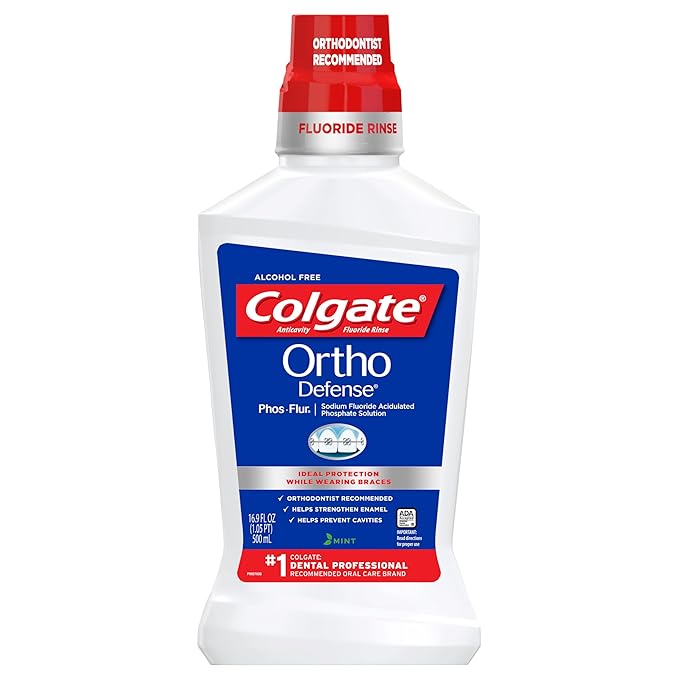 Colgate Ortho Defense Phos-Flur Anticavity Mouthwash, Alcohol Free Mouthwash for Braces, Made with Fluoride and Phosphate to Reduce White Spots and Help Prevent Cavities, Mint, 16.9 Fl Oz Bottle