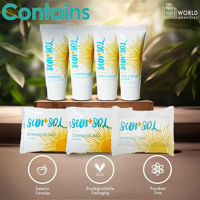 World Amenities - Sun + Sol Mini Size Hotel Toiletries Bathroom Kit | Warm Coconut & Vanilla | Shampoo, Conditioner, Body Wash, Lotion, Cleansing Bar, Refreshing Soap Bar and Moisturizing Massage Bar