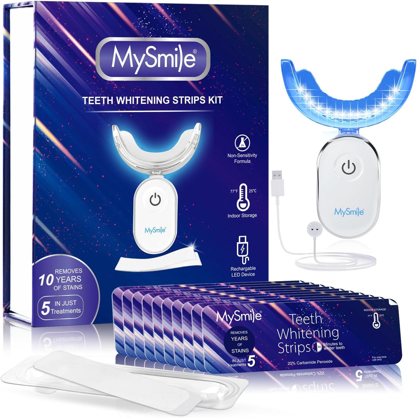 MySmile Non-Sensitive 10Pcs Teeth Whitening Strips Kit with Waterproof 28X LED Light 10-Min Fast Remove Coffee Wine Tobacco 20 Years of Stains Whitening Tooth Care Oral Safe for Enamel