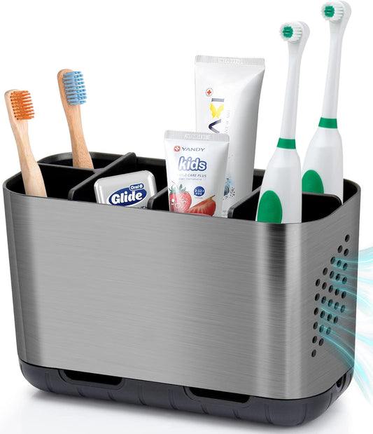 Boperzi Toothbrush and Toothpaste Holder Brushed Nickel Drainage for Bathroom Vanity, Large Electric Toothbrush Storage Caddy Anti-Slip Rustic with Adjustable Dividers for Family, Kids