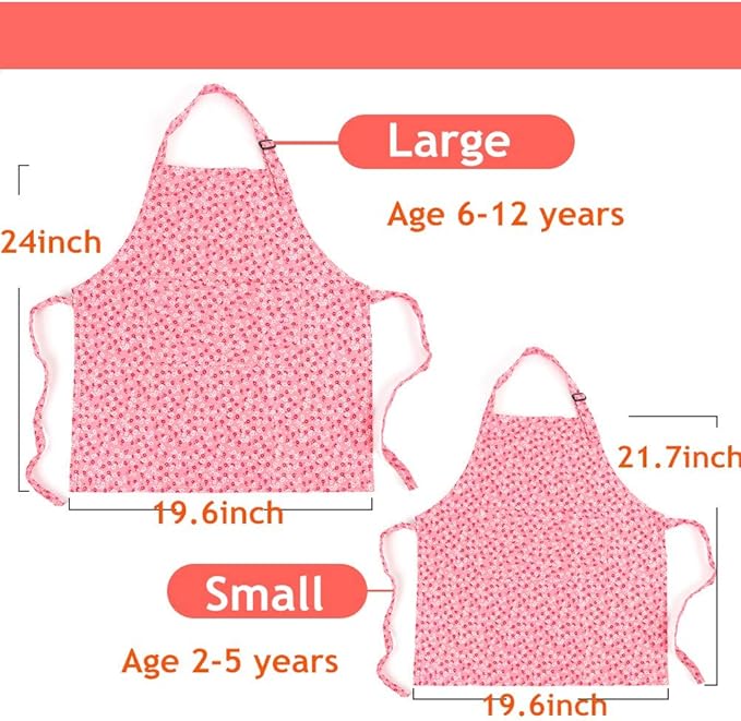 Kids Apron and Chef Hat Set, Adjustable Cotton Child Aprons with 2 Pockets Cute Girls Boys Kitchen Bib Aprons for Cooking Baking Painting